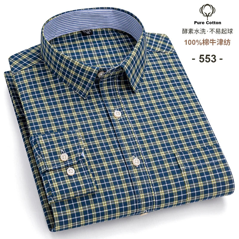 Men's Long Sleeve Plaid Oxford Shirt - 100% Cotton Button-Down