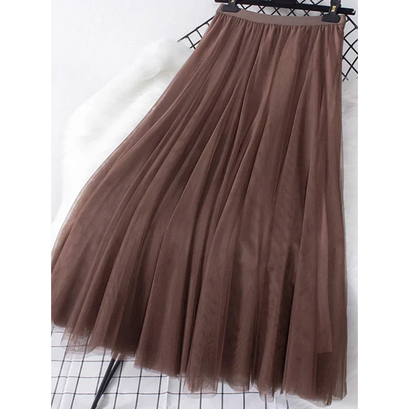 New large hem chiffon long skirt for women's Korean casual simple solid color three-layer A-line high waisted long skirt