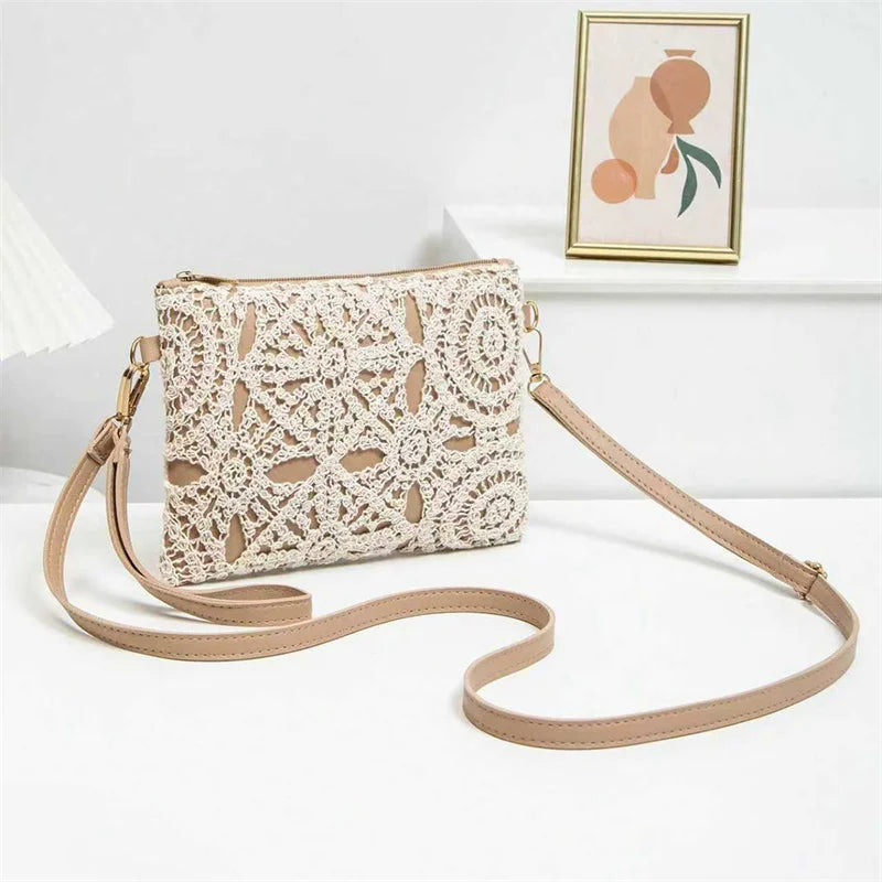 Simple Versatile Crossbody Crochet Bag, New Woven Bag, Zipper Closure, Retro Casual Beach Flower Women's Bags