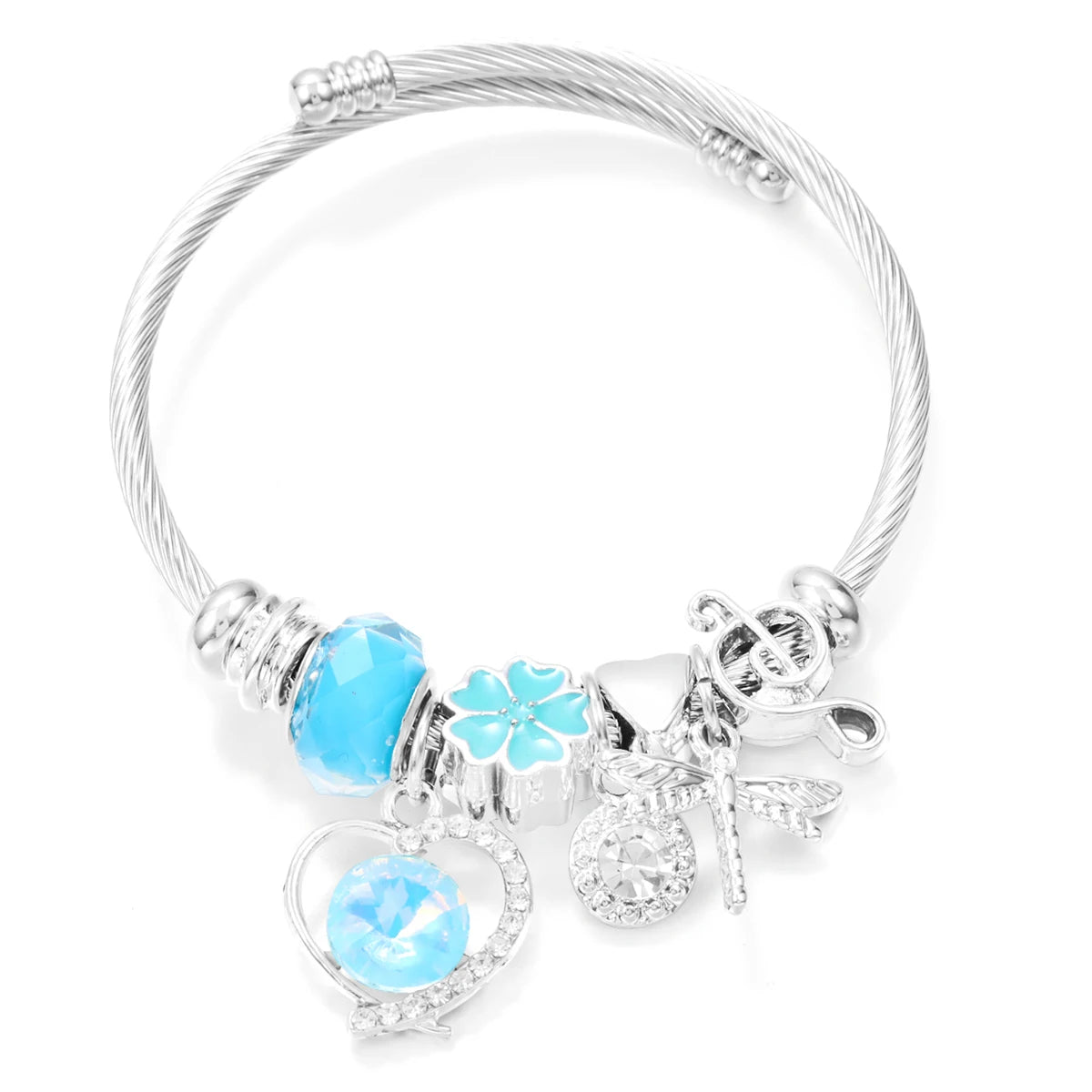 New Trendy Rhinestones Dragonfly Crystal Beaded Pendant Bracelet Stainless Steel 4 Colors Closure Bangles Women'S Bracelet Jewelry