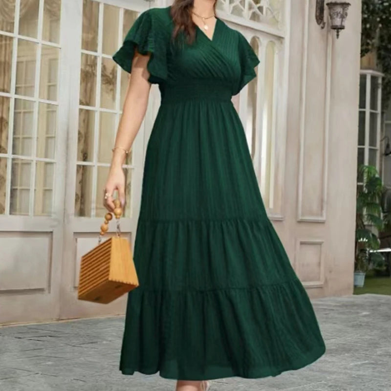 Elegant Women's Summer Casual Solid Color Long Dress Fashion Holiday Sexy V Neck Pleated Short Sleeve Maxi Dresses Vestido
