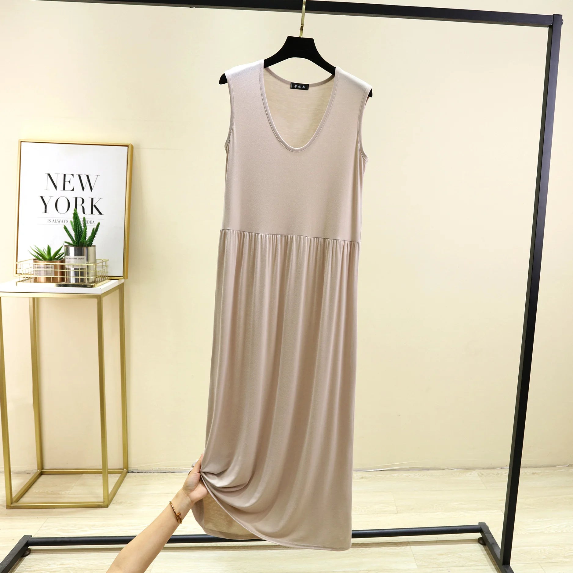 Plus Size Women's Modal Sleeveless Tank Dress – Pleated Mid-Length Waist-Slimming Homewear