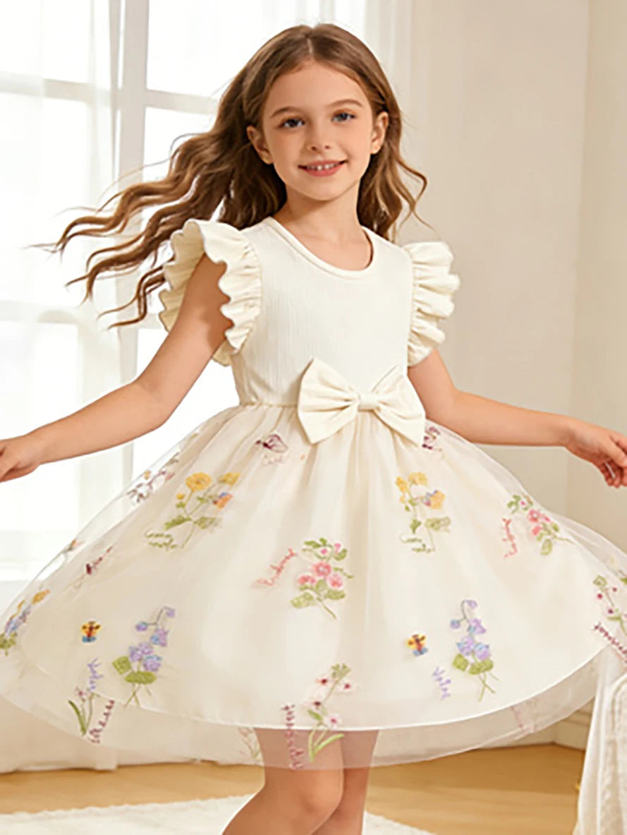 Girls' Off-White Floral Tulle Princess Dress, Summer Flutter Sleeve Dress with Big Bow