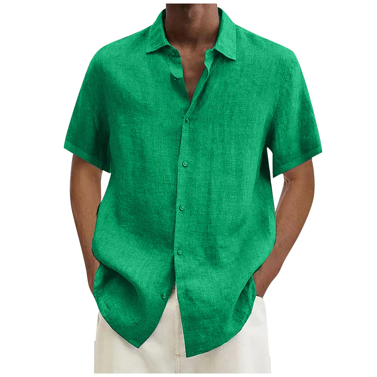 ISHOWTIENDA Men's Cotton Linen Short Sleeve Casual Shirt - Solid