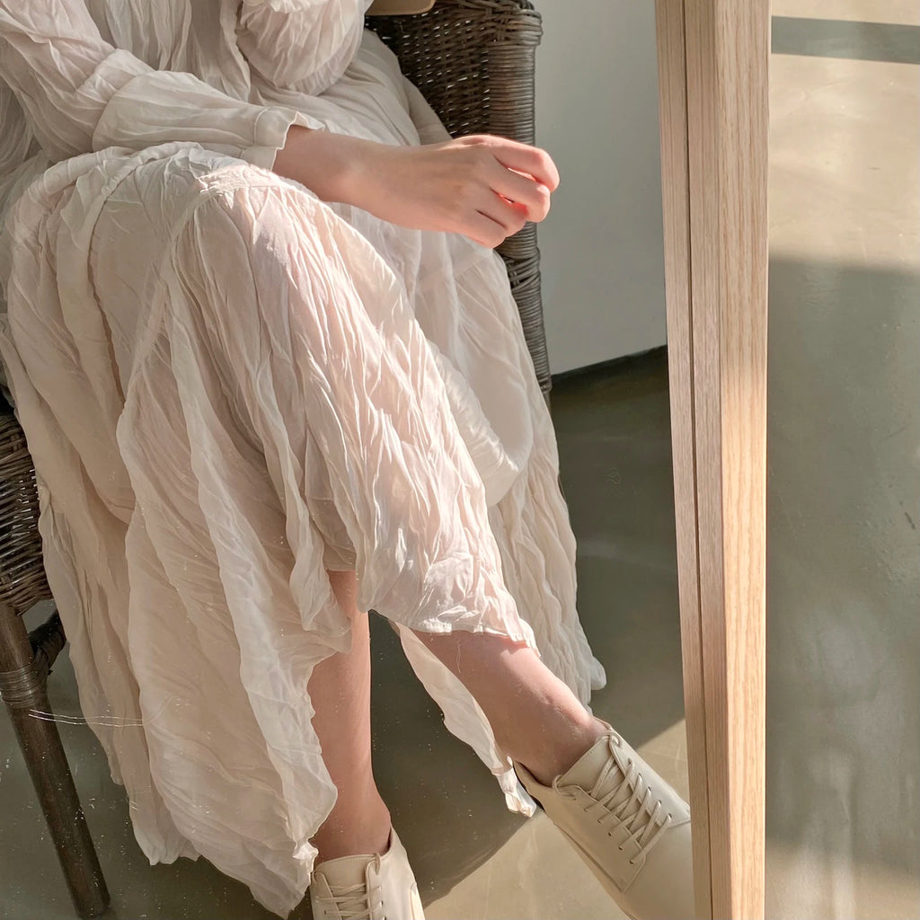 Autumn Spring Wrinkle Loose Dresses New Hot Women Cute Japan Style Retro Vintage Girls Holiday Casual Solid Apricot White Dress