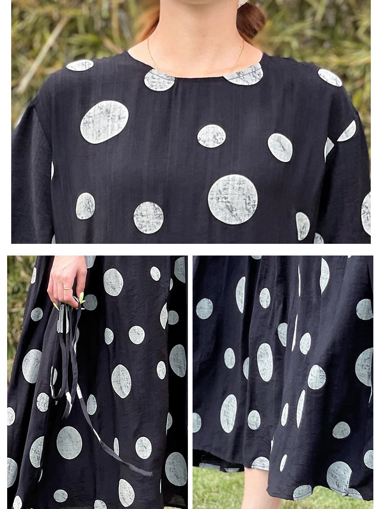 Summer Cotton Vintage Casual Loose Black Dresses For Women Short Sleeve Polka Dot Dress Femme Robe Vestidos Elegant Long Clothes