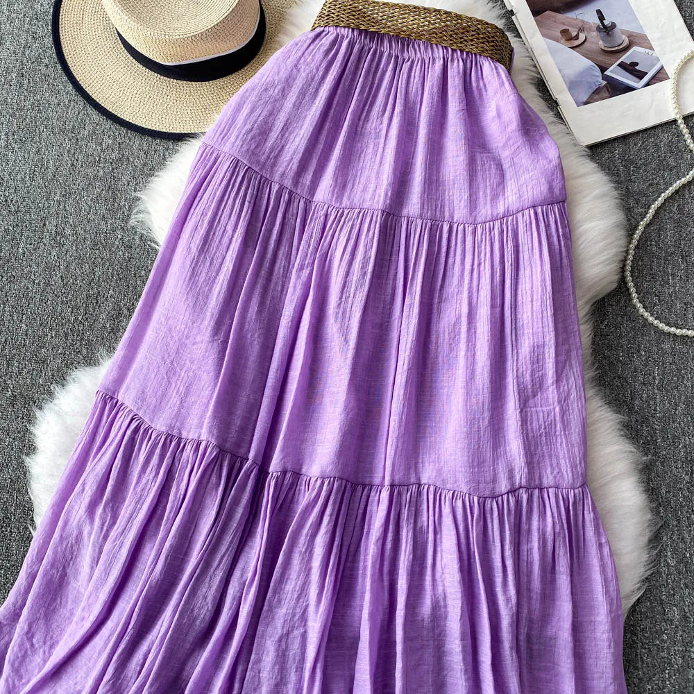 White Casual Mid-Length Puffy Skirt Women's Summer High Waist Slimming Cake Skirt Korean Sle Commute A-Line Skirt