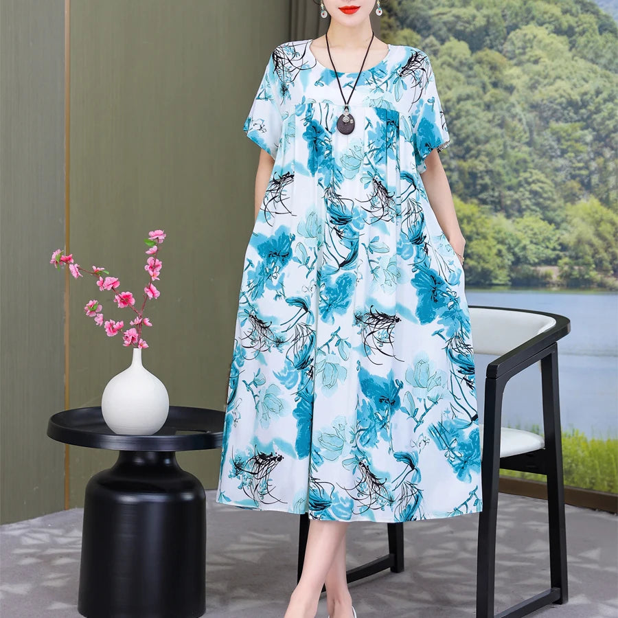 New Fashion Casual Summer Dress For Women Ladies O-Neck Print Short Sleeve Dress plus size Women Clothing