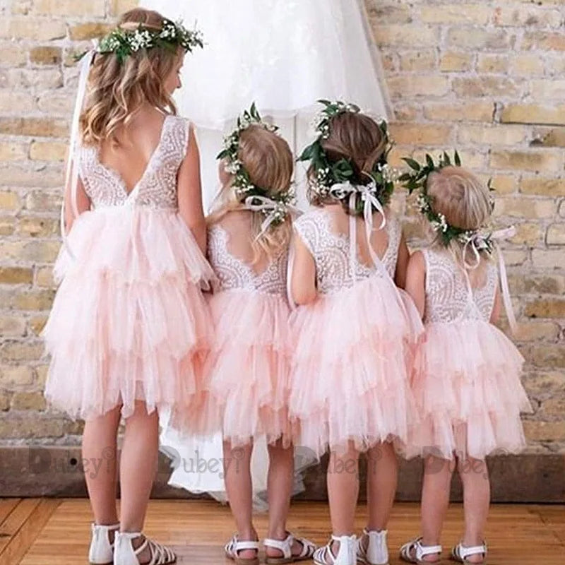 Baby Girls Sleeveless Lace Tutu Birthday Dress for Children Ruffles Eyelash Lace Flower Girl Dresses for Weddings Clothes