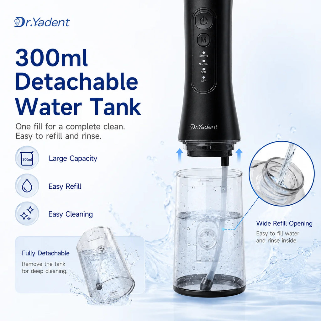 Dr.Yadent YD06 Irrigador Bucal Inalámbrico con Hilo Dental de Agua 300ML Chorro de Agua Portátil Carga Rápida USB-C 7 Boquillas 4 Modos IPX7 Impermeable