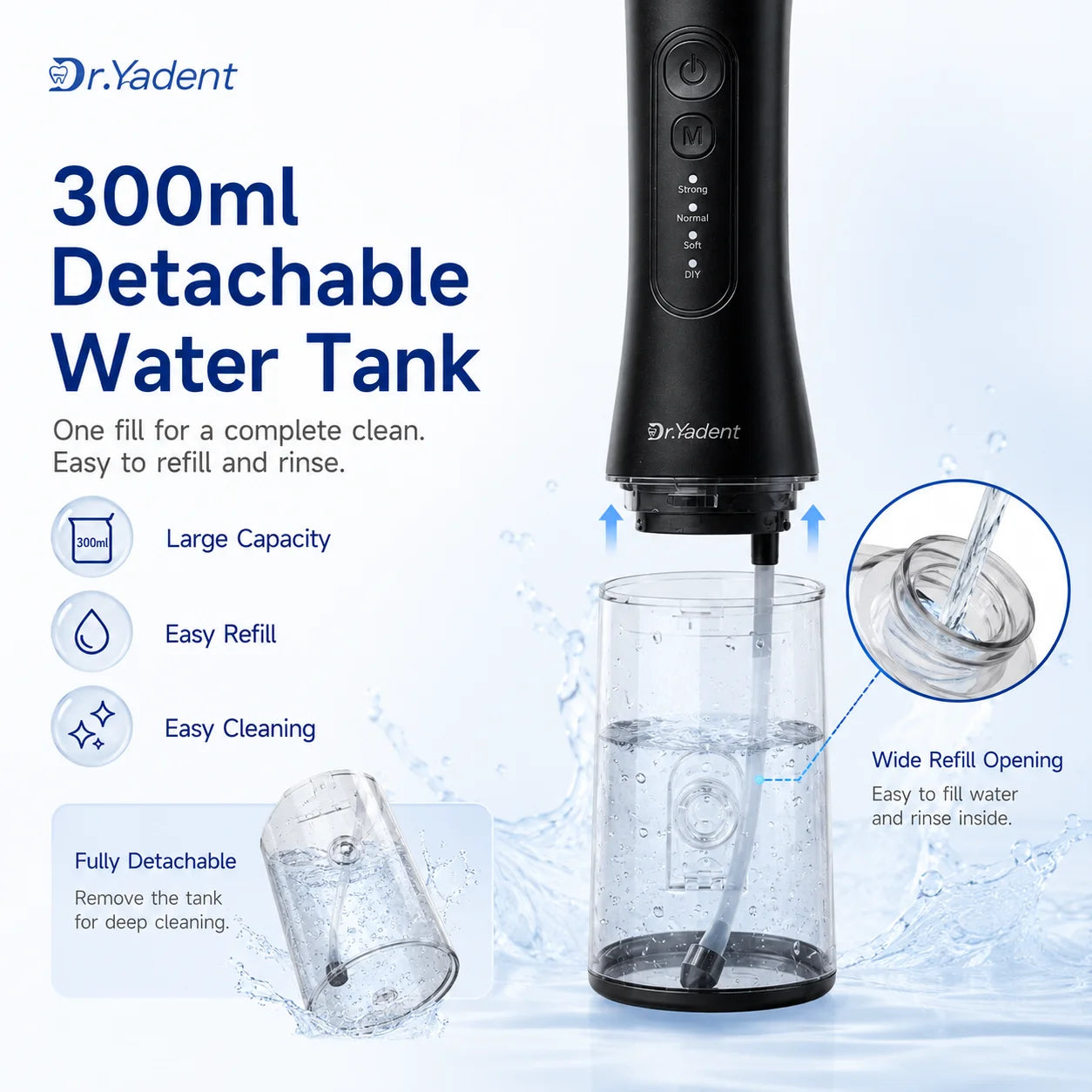 Dr.Yadent YD06 Irrigador Bucal Inalámbrico con Hilo Dental de Agua 300ML Chorro de Agua Portátil Carga Rápida USB-C 7 Boquillas 4 Modos IPX7 Impermeable