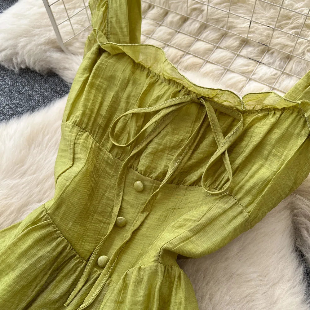 Summer French Sweet Camisole Ruffle Edge Dress for Women New Style with Straps Waist Cinching Vacation Style Dress C579