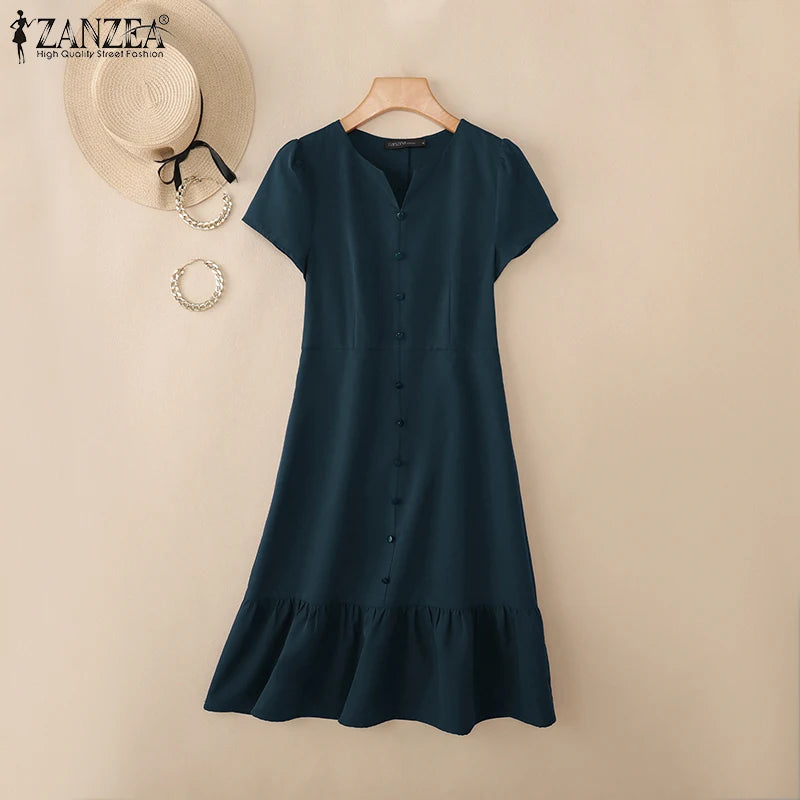 Stylish Summer Dress 2025 ZANZEA Women Elegant V-Neck Midi Dresses Office Work Sundress Short Sleeve Solid Buttons Vestidos Robe