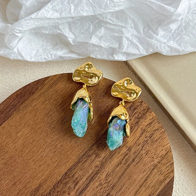 Vintage Gold Natural Crystal Necklace Earrings Set Boho Irregular Stone Pendant Jewelry For Women Luxury Party Gift