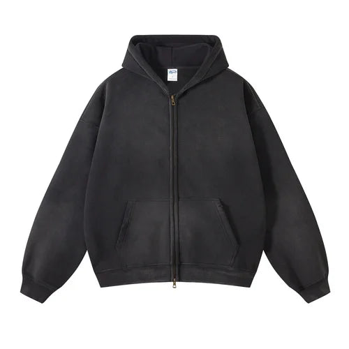 Men'S Zip Up Hoodies Tie Dye Washed Double Oversize Cardigan Sweatshirt Loose Plus Plush Gradient Man Hooded Pullovers Winter
