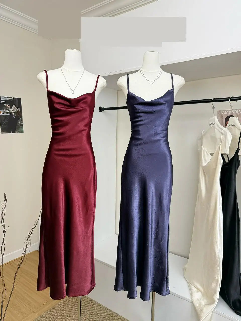 Women's Summer Sexy Swinging Collar Sheen Acetate Slim Long Dress Lady Sleeveless Strap Solid Color Satin Holiday Party Dress