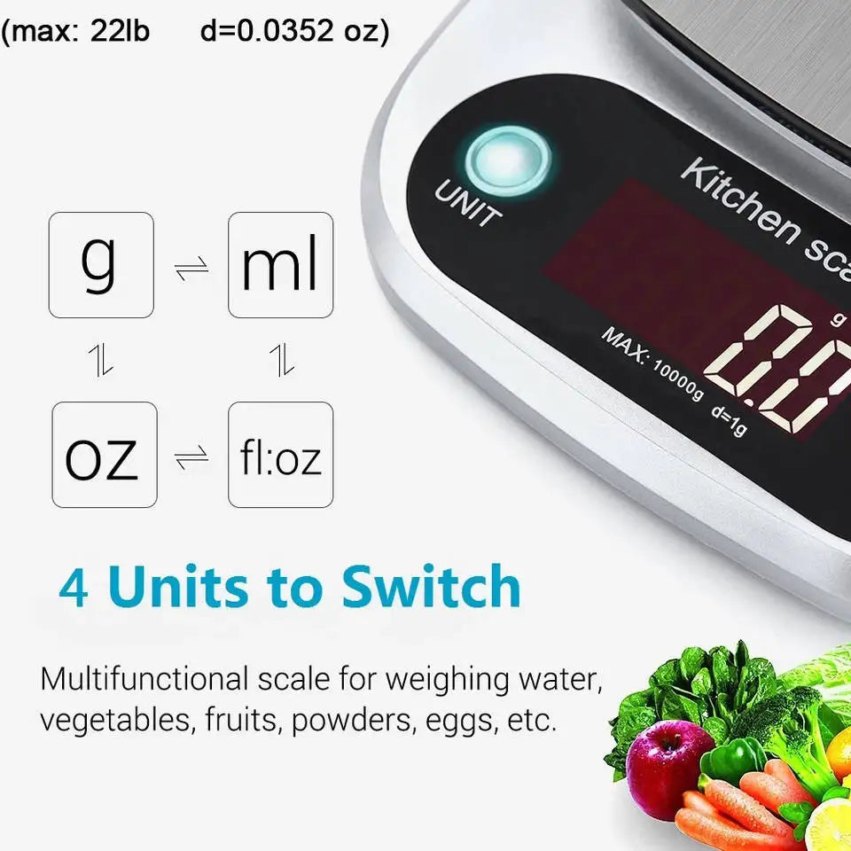 Báscula de cocina de 10 kg, báscula de cocina digital con función de tara, báscula electrónica para joyas y alimentos, pantalla LCD de acero inoxidable