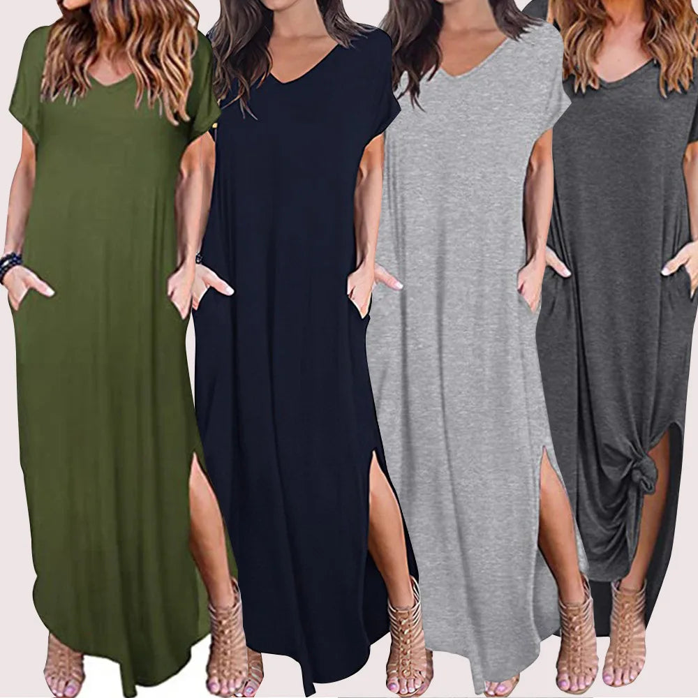 Women's Casual Maxi Dress V Neck Short Sleeve Dresses Loose Fit Long Dress with Pockets Side Slit Outfit Home Casual Daily Wear