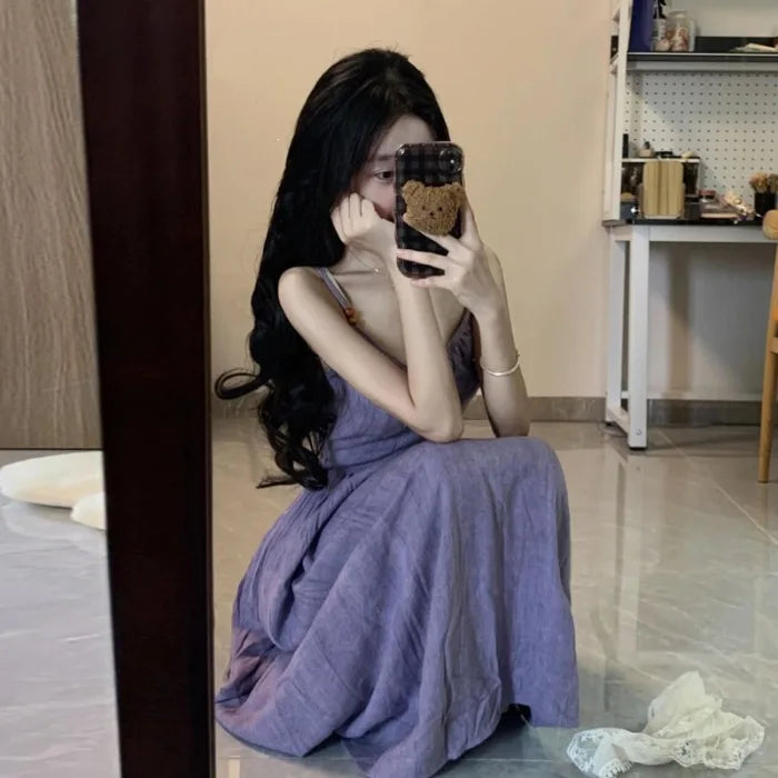 Dopamine Beautiful Purple Strap Dress Women Summer 520 Date Island Vacation Waist Cinch Beach Skirt A-Line Long Dress V-Neck ...