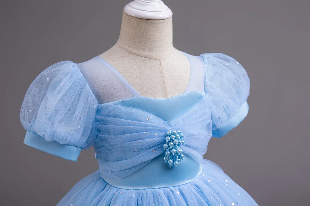 HETISO Pearls Bowknot Kids Girls Dresses Summer Tulle Vintage Elegant Princess Party Gown Children's Gift