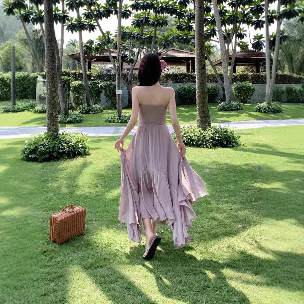 Slimming Dry Rose Splicing Tube Top Beach Dress Women's Style Long A-Line Skirt High Waist No Sleeve Shoulderless Polyester