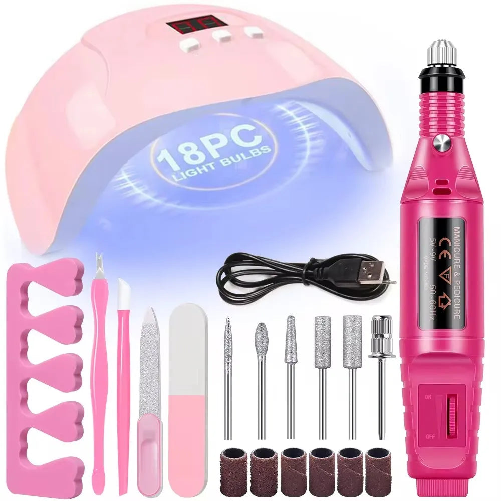 LINMANDA Kit profesional de taladro eléctrico USB para uñas con lima y pulidor, lámpara de uñas UV LED, secador de manicura en gel, kit de inicio de acrílico