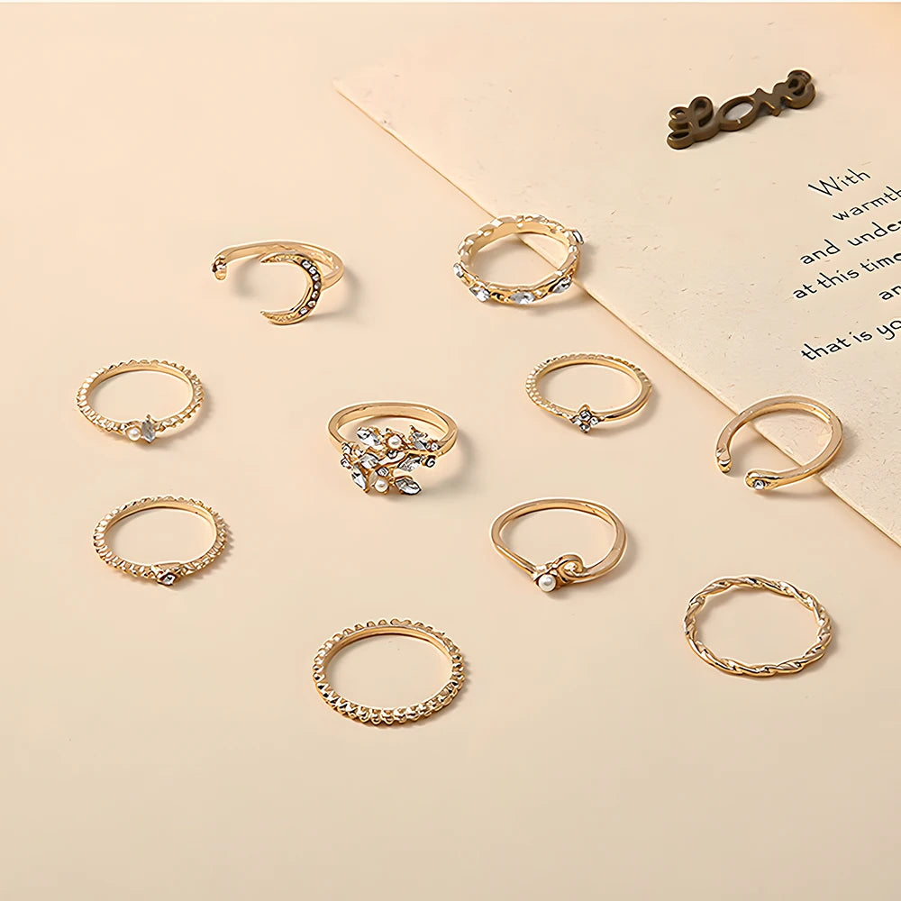 10Pcs Rings Suit For Women'S Gold-Color Chain Ring Set Bohemian Style Coin Snake Moon Star Leaves Love Trend Jewelry