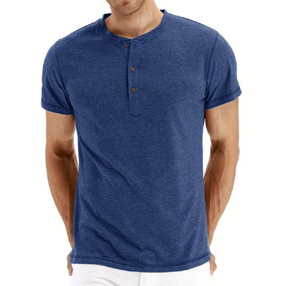 Mens Cotton T Shirt Henley Neck Slim Fit Solid Short Sleeve Premium Quality For Men