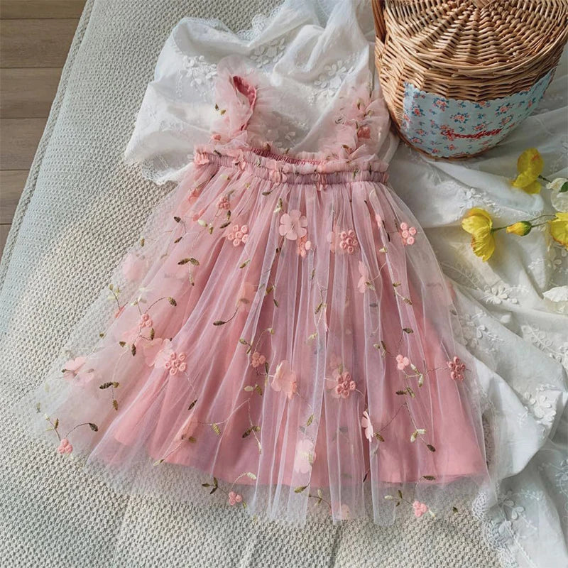 Toddler Baby Girl Princess Embroidery Strap Tutu Dress Sleeveless Flower Kid Mesh Vestido Party Birthday Baby Girl Beach Clothes