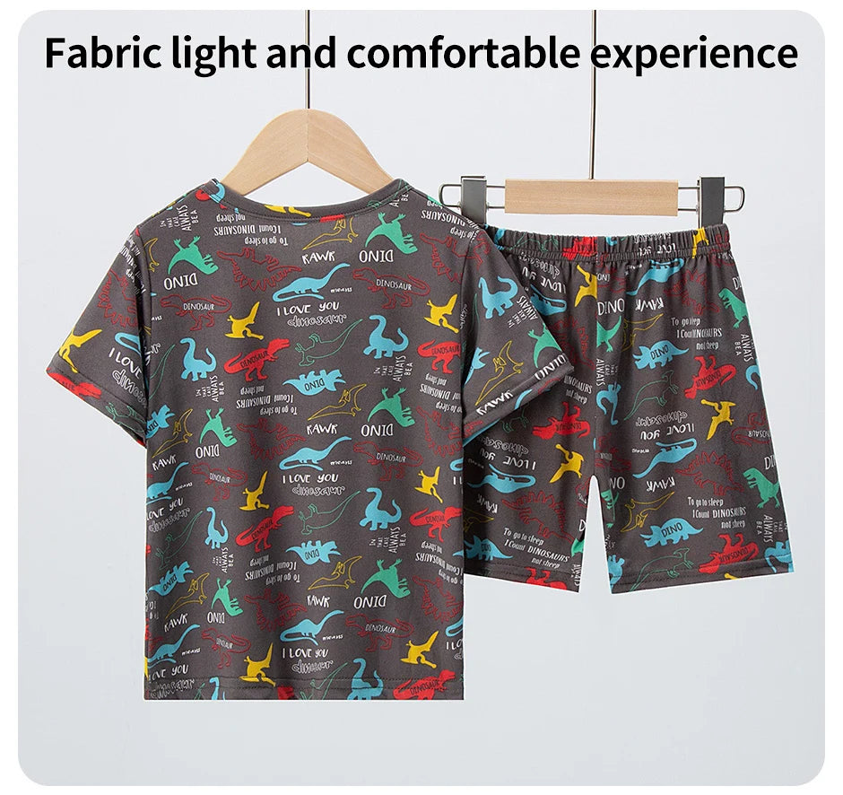 2 Pcs Summer Children's Fun Printed Shorts Short Sleeve Suit Boy Colorful Dinosaur Top Girl Sweet And Lovely Elastic Waist Short