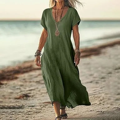 Independent Station Loose Solid Color V-neck Cotton and Linen Women's Dress