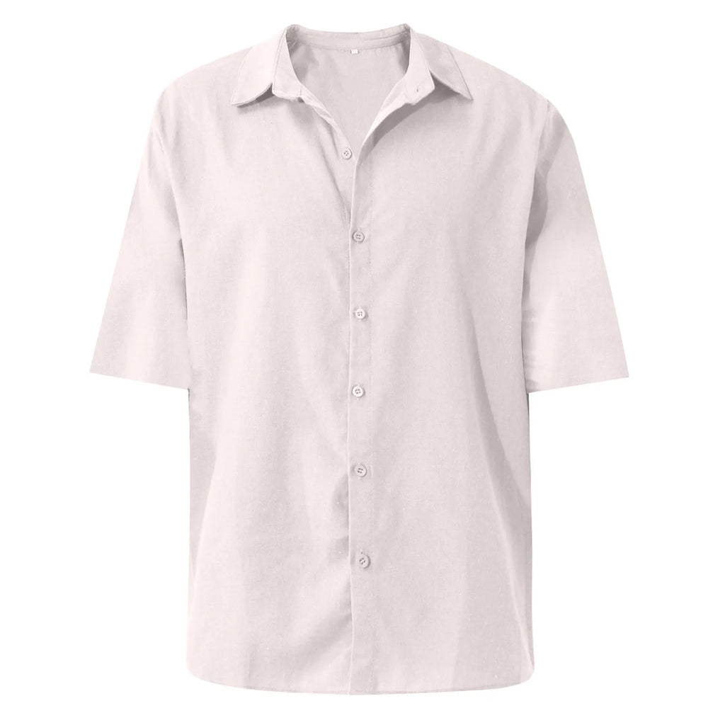 Men'S Short-Sleeved Shirts Cotton Linen Summer Solid Color Turn-Down Collar Quick Drying Casual Beach Style Plus Size Shirts