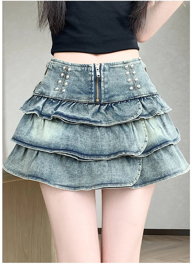 Hotsweet Summer Women Mini Denim Skirt High Waist Zipper Layered Ruffles Skirt Stylish Feminine Streetwear Slim Ball Gown Skirt
