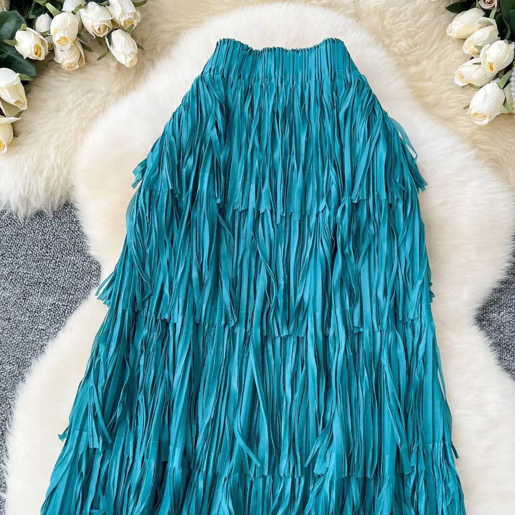 New In 2026 Spring Summer Tassel Midi Long Skirt For Women Trendy High Waist Streetwear Casual Skirts