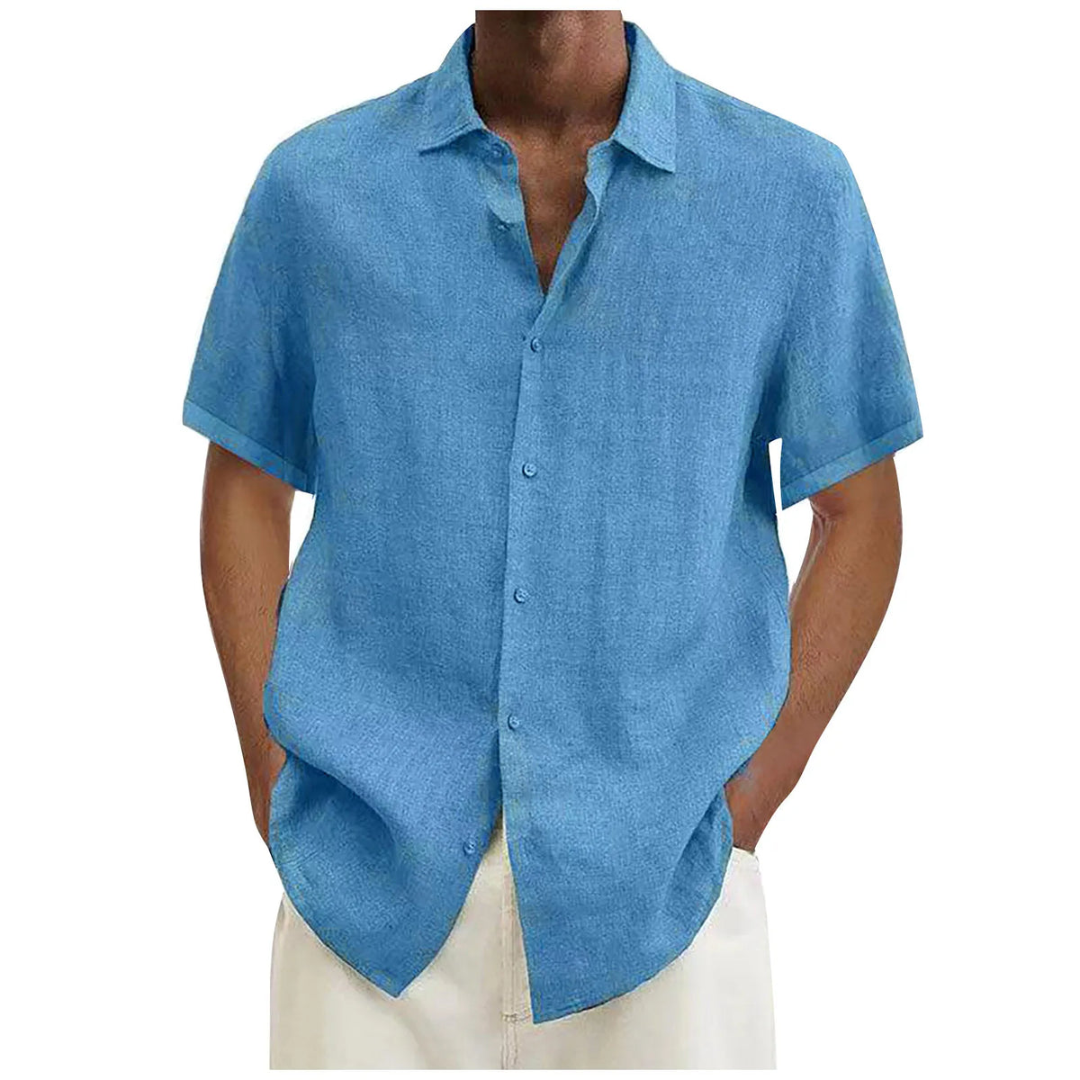 ISHOWTIENDA Men's Cotton Linen Short Sleeve Casual Shirt - Solid
