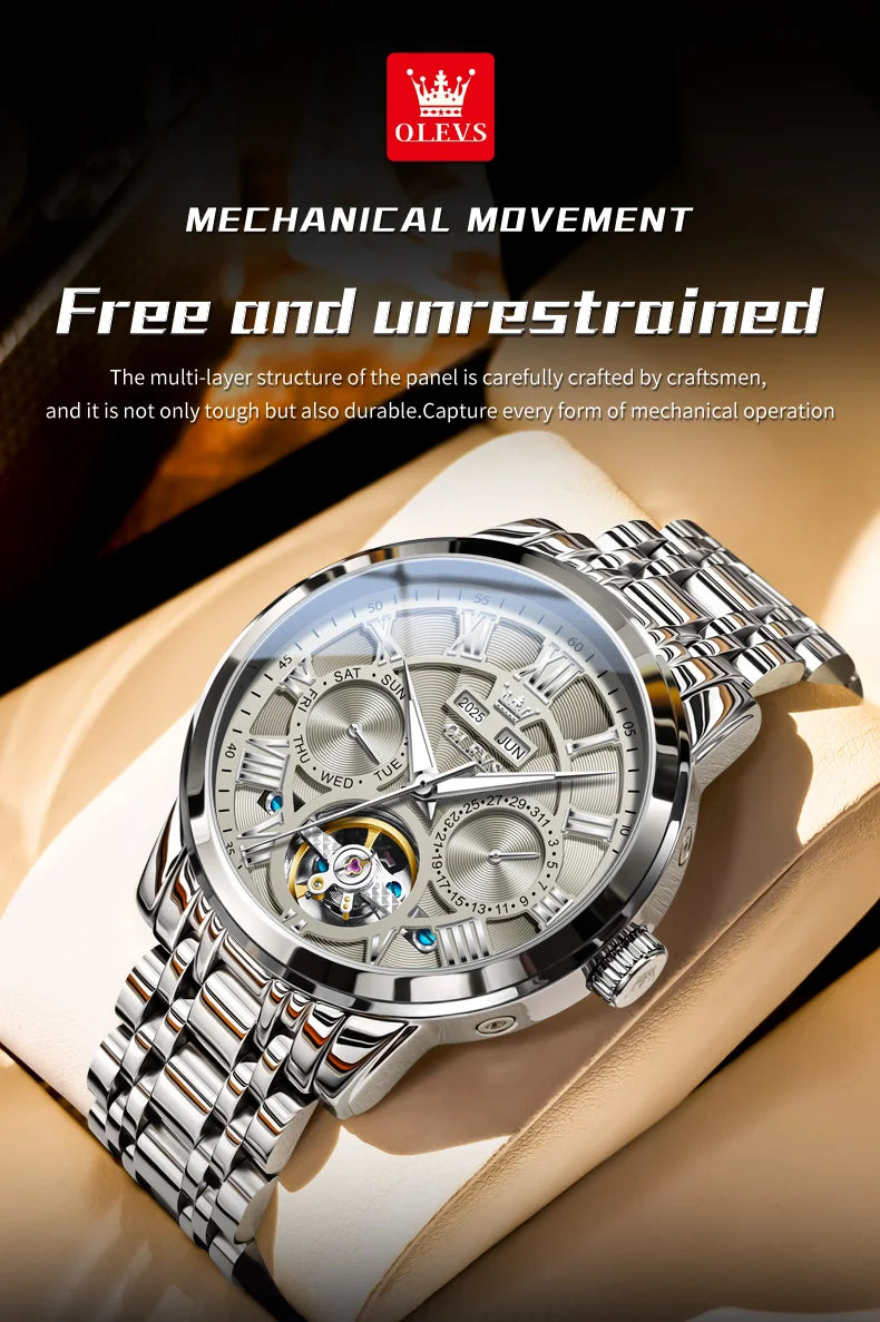 OLEVS 6668 Original Men's Watch Multifunctional Skeleton Waterproof Stainless steel Strap Business Automatic Mechanical Watches