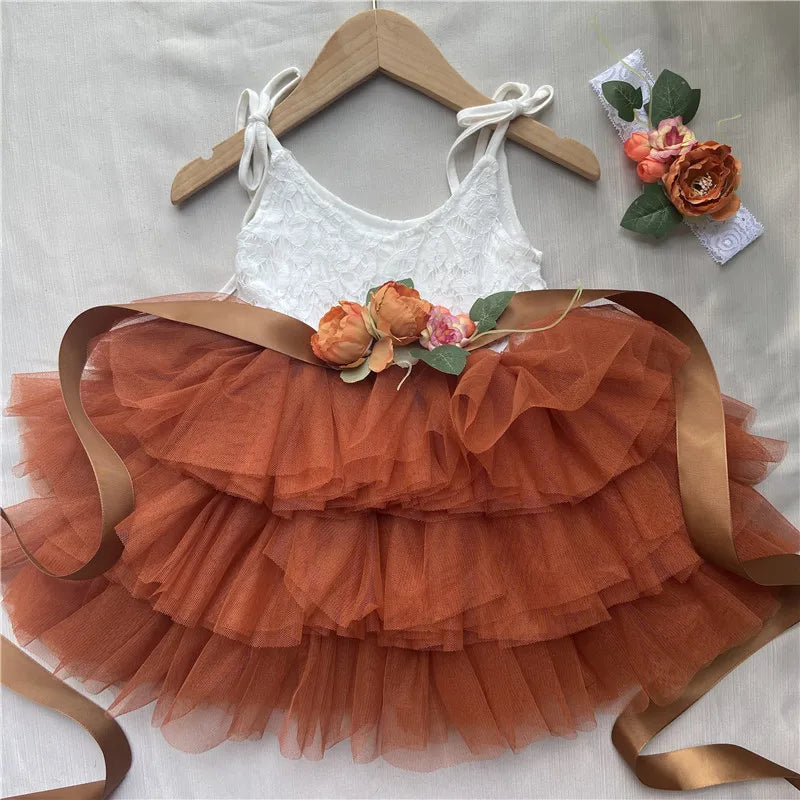 New Born Baby Girls Birthday Dress for Kids Flowers Girls Party Tutus Costume Belt Headband 3pcs Outfit Set Princess Vestidos