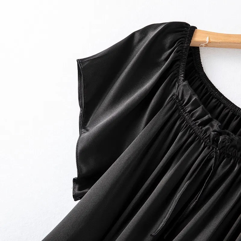 Loose 100%Silk Short Sleeve Nightgown, Summer Medium-long Satin Sleepwear Woman