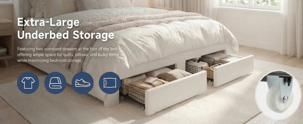 HOOMIC Bed Frame, 2 Storage Drawers/2-Tier Shelves with LED Lights & Charging Station, No Box Spring Need, Full/Queen/King