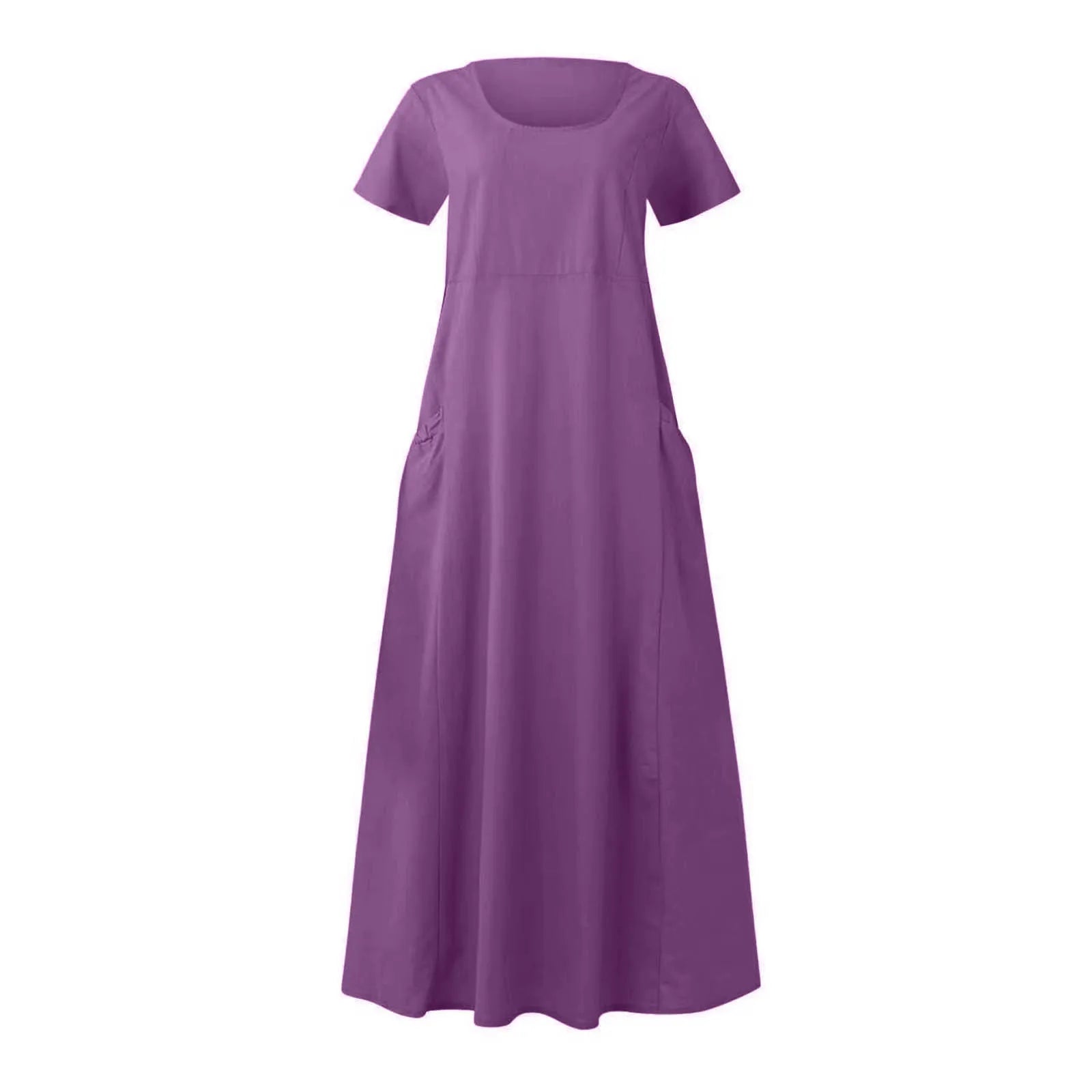Women Solid Cotton Linen Round Neck Short Sleeve Loose Flowy Maxi Dress EU US Gown