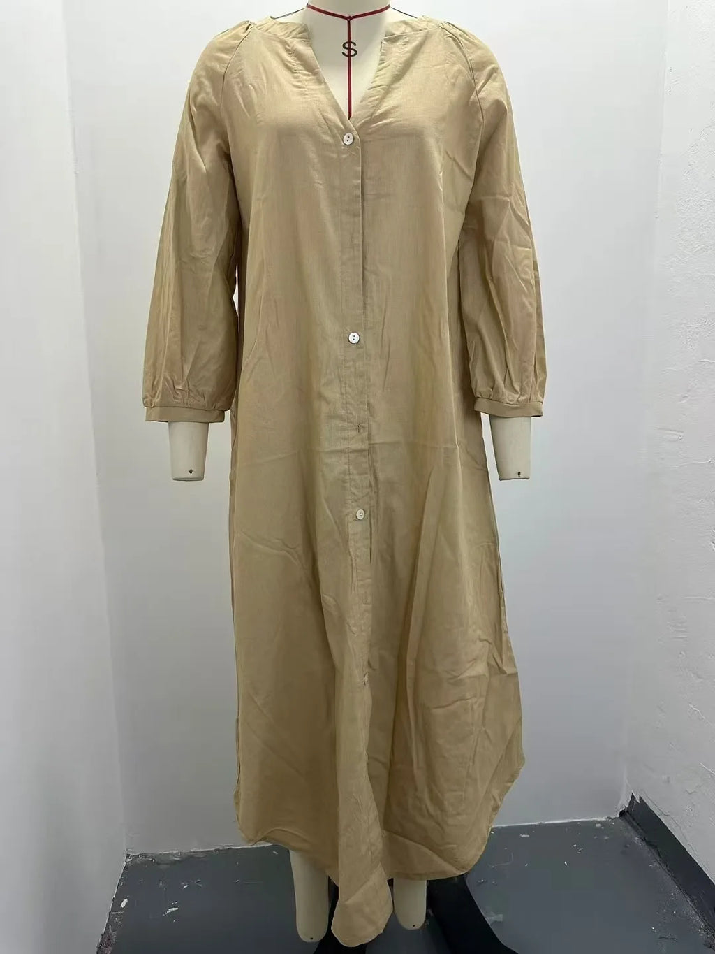 Women V Neck Lantern Long Sleeve Linen Maxi Dress Button Front Loose Casual Vacation Ladies Long Dress