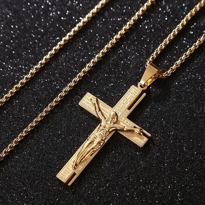 Jesus Christ Cross Mens Necklace Gold Color Cross Religious Pendant Necklace Accessory Chain Accessories