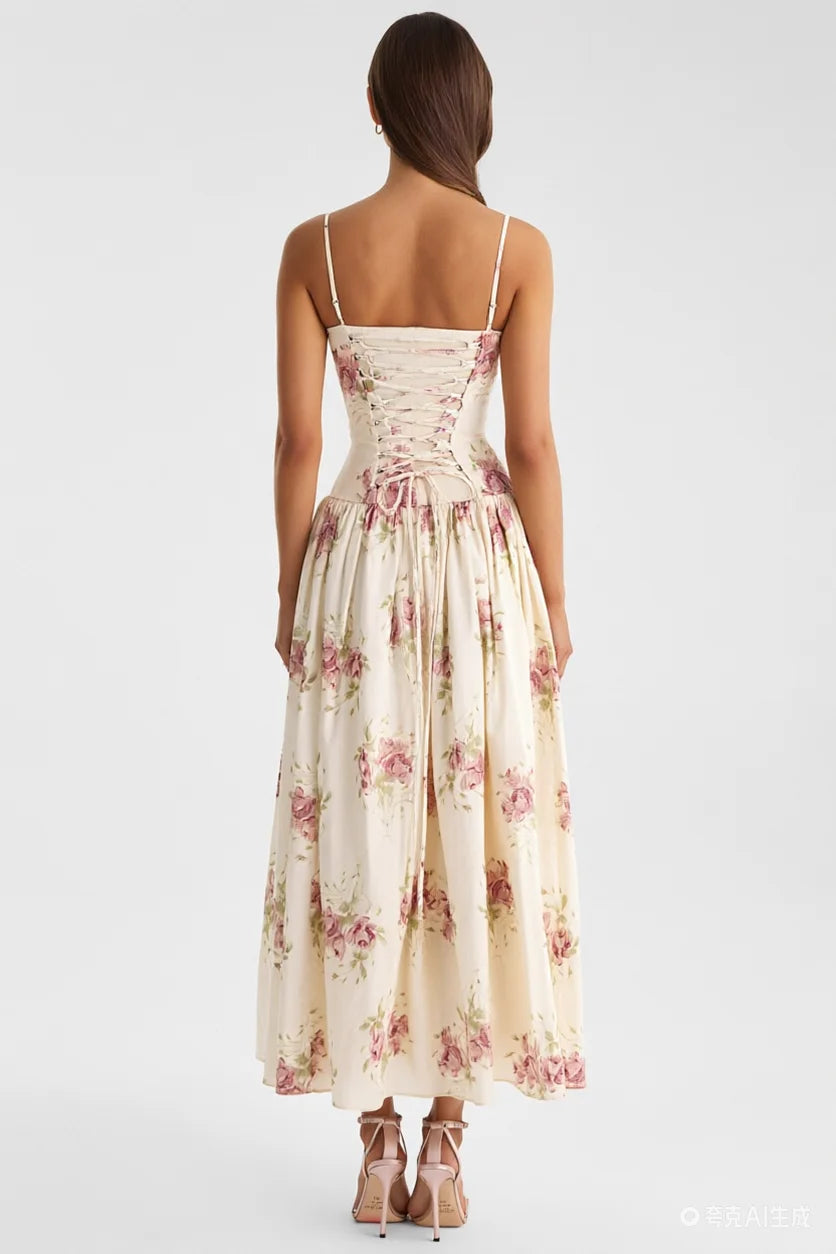 Long Vintage Lace Up Dress Female Vacation Party Dress Vestidos t Summer Floral Print Elegant Midi Dress