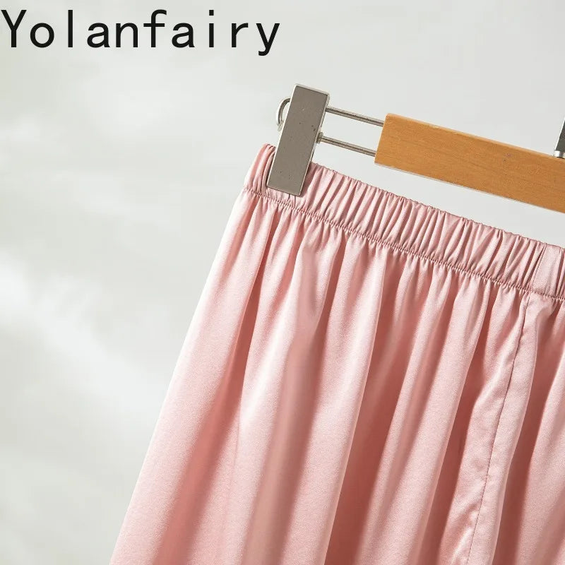 YOLANFAIRY 93% Real Mulberry Silk Pajamas for Woman 2026 Spring Summer High-end Sets Woman 2 Piece Short Sleeve Pijamas De Mujer
