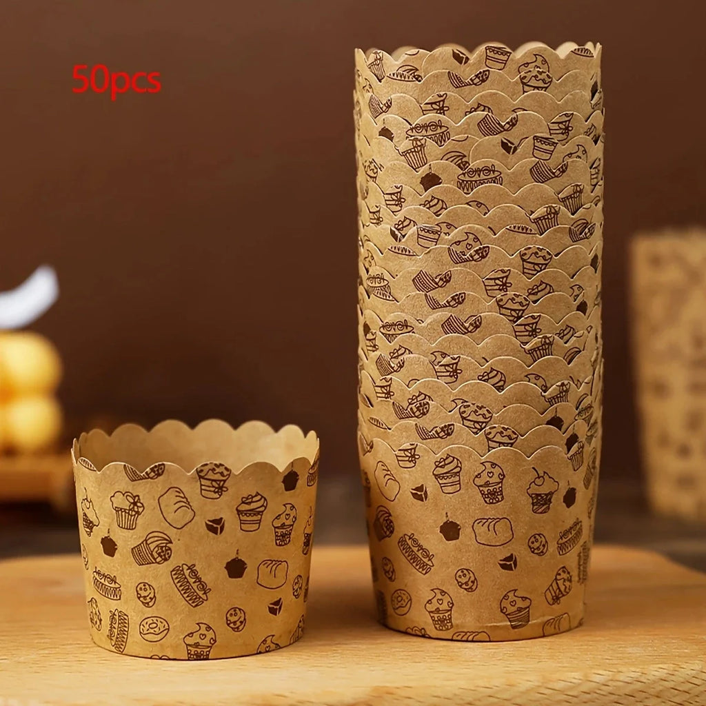 50 unidades, moldes de papel kraft resistentes al calor para magdalenas para hornear y servir - Pequeños accesorios de cocina para tartas, pasteles y más