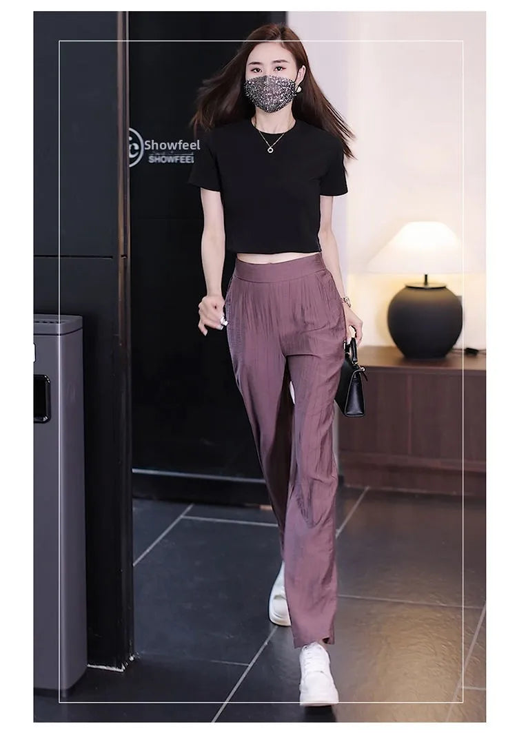 Women's Ice Silk Wide Leg Pants - High Waist Loose Casual Trousers