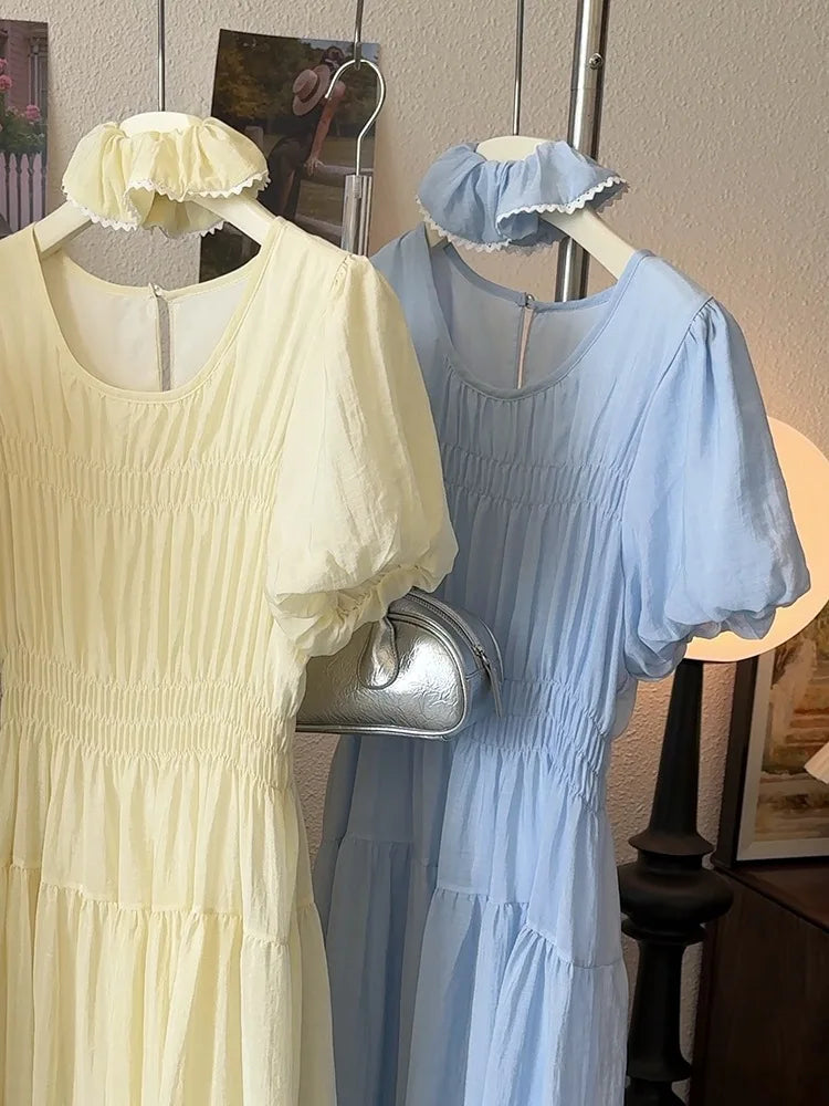 Temperament Dress 2025 Summer Korean Edition Reduced Age Bubble Sleeve Hundred Fold Waist Long Dress