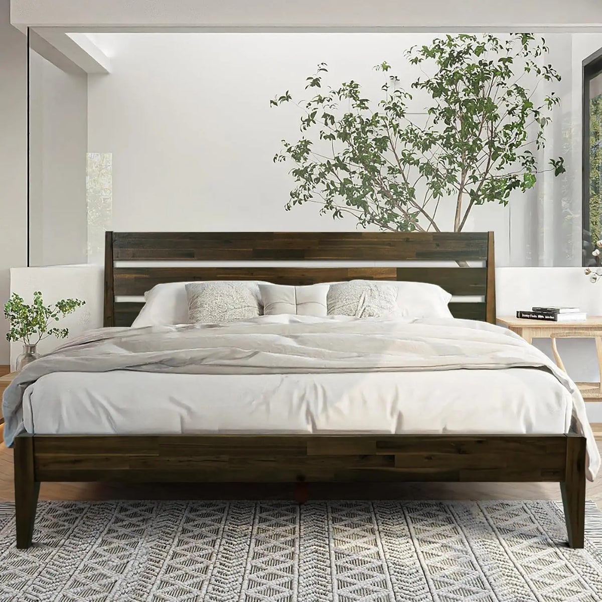 Acacia Wood Platform Bed Frame with Headboard, King Size, Caramel