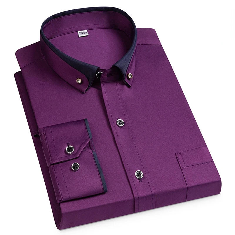 For Men'S Business Dress Shirts Male Formal Button-Down Social Collar Camisa Social Elastic Anti-Wrinkle Casual Men Shirt Pocket