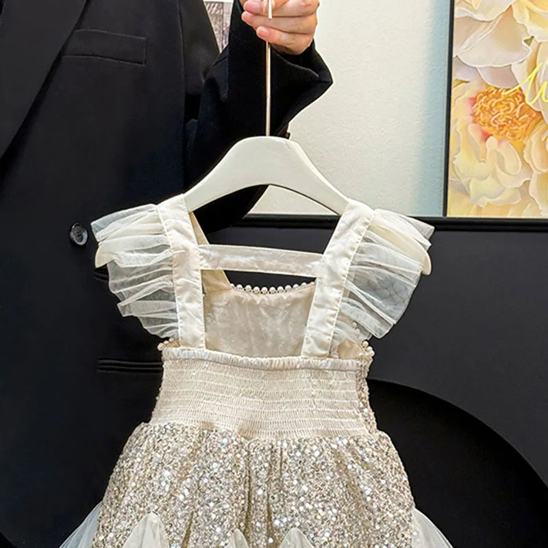 Kids Girl Clothes Sequined Flying Sleeves New Summer Dresses For Girls Elegant Mesh Vest Skirt Princess Dress Evening Prom